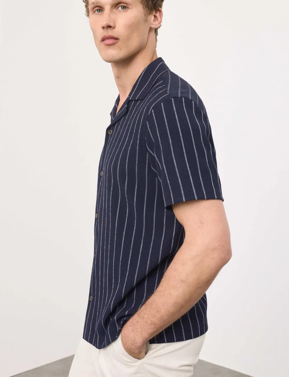 Striped Crinkle Seersucker Short Sleeve Shirt