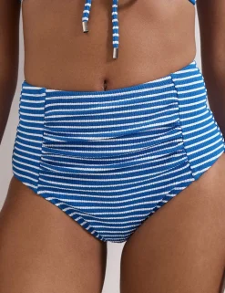 Striped Ruched High Waisted Bikini Bottoms
