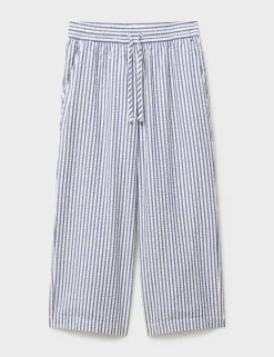 Striped Seersucker Wide Leg Cropped Trousers