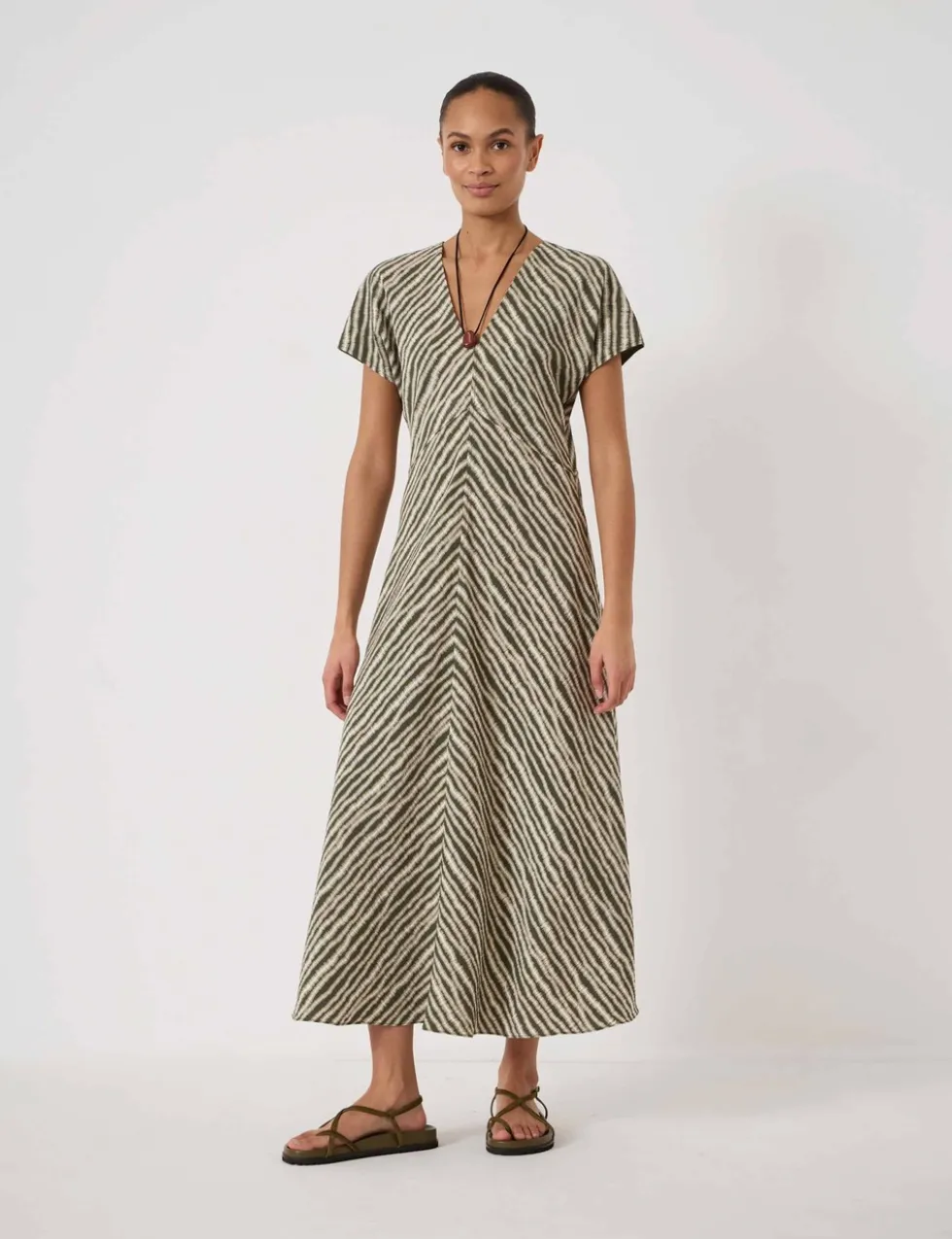 Striped Textured V-Neck Maxi Tea Dress
