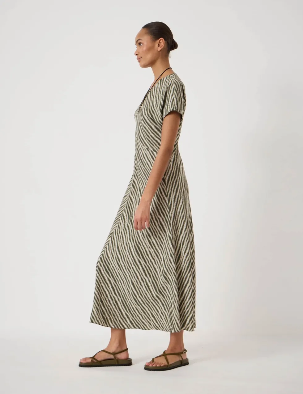 Striped Textured V-Neck Maxi Tea Dress