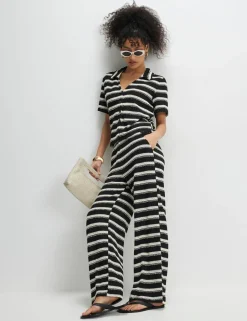 Striped Textured Wide Leg Trousers