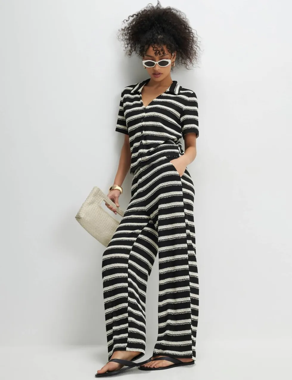 Striped Textured Wide Leg Trousers