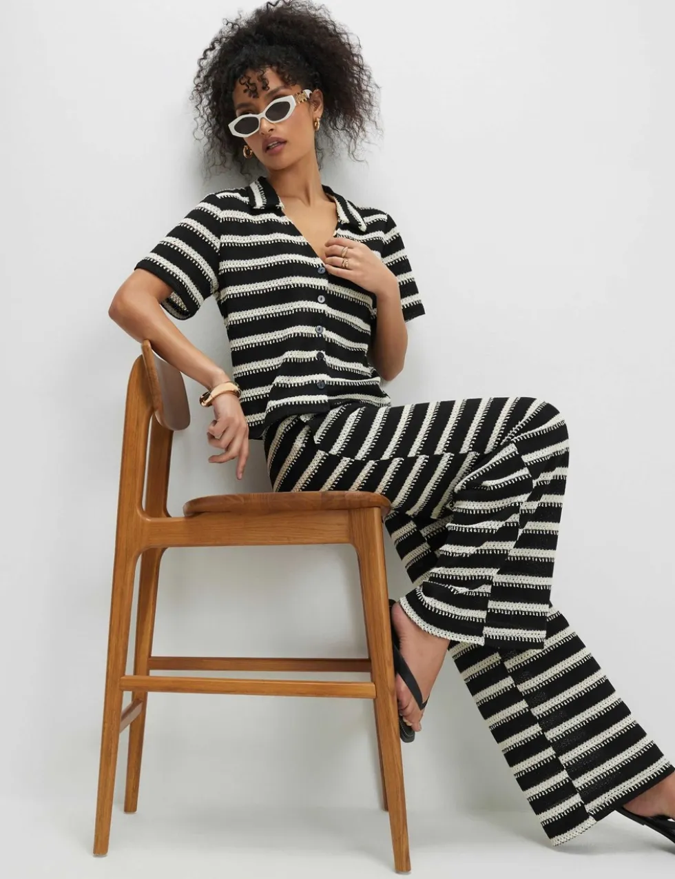 Striped Textured Wide Leg Trousers