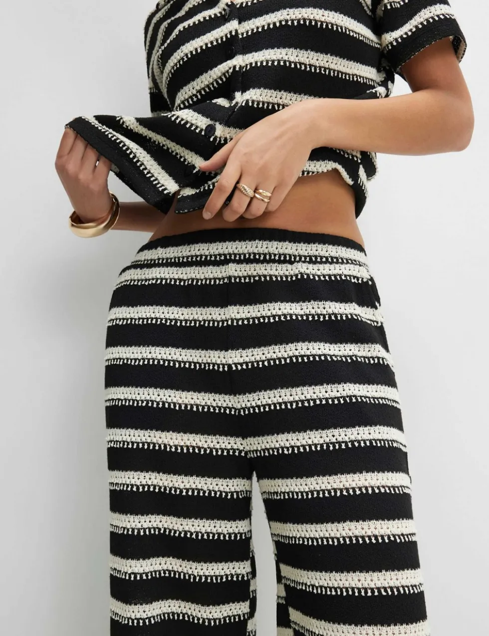 Striped Textured Wide Leg Trousers