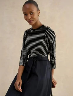 Striped Tie Waist Knee Length Skater Dress