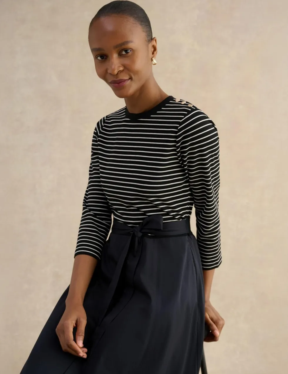 Striped Tie Waist Knee Length Skater Dress