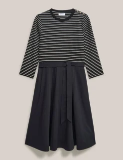 Striped Tie Waist Knee Length Skater Dress