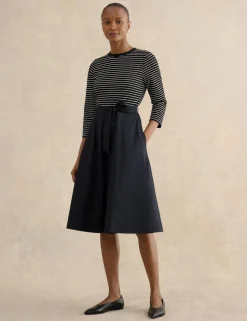 Striped Tie Waist Knee Length Skater Dress