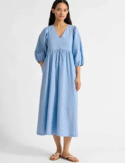 Striped V-Neck Midi Smock Dress