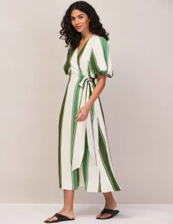 Striped V-Neck Midi Wrap Dress with Linen