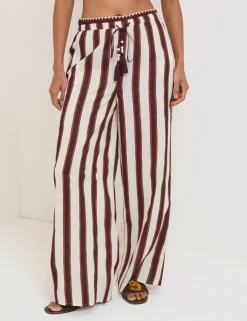 Striped Wide Leg Beach Trousers with Linen