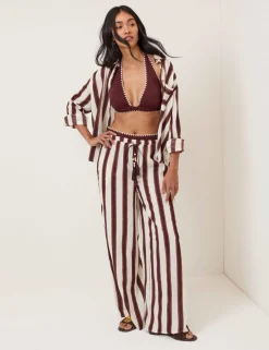 Striped Wide Leg Beach Trousers with Linen