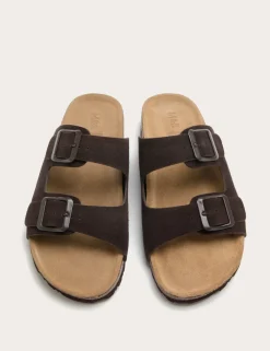 Suede Buckle Footbed Mules