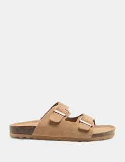 Suede Buckle Footbed Mules