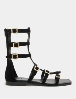 Suede Buckle MidCalf Flat Gladiator Sandals