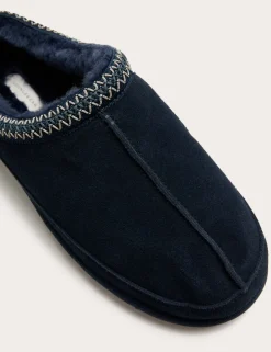 Suede Collared Embroidered Mule Slippers