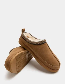 Suede Collared Embroidered Mule Slippers