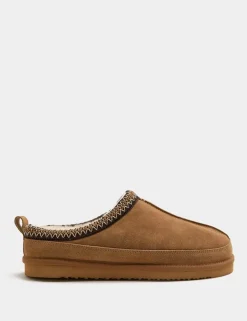 Suede Collared Embroidered Mule Slippers