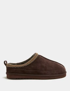 Suede Collared Embroidered Mule Slippers