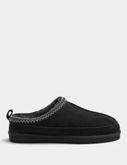 Suede Collared Embroidered Mule Slippers