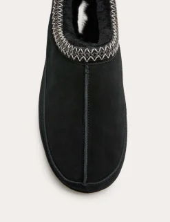 Suede Collared Embroidered Mule Slippers