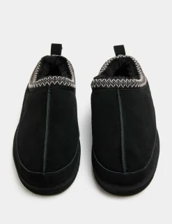Suede Collared Embroidered Mule Slippers