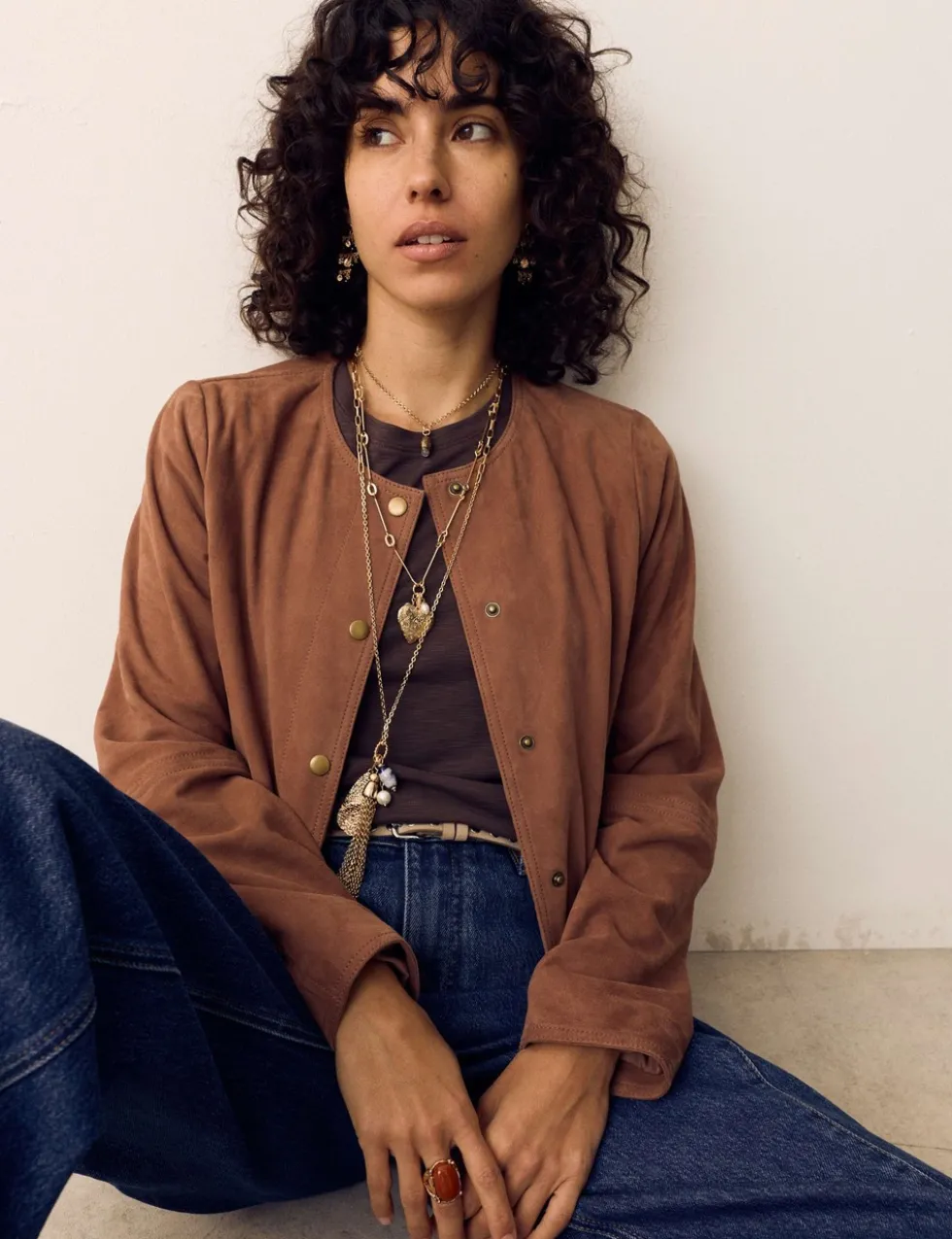 Suede Collarless Cropped Jacket