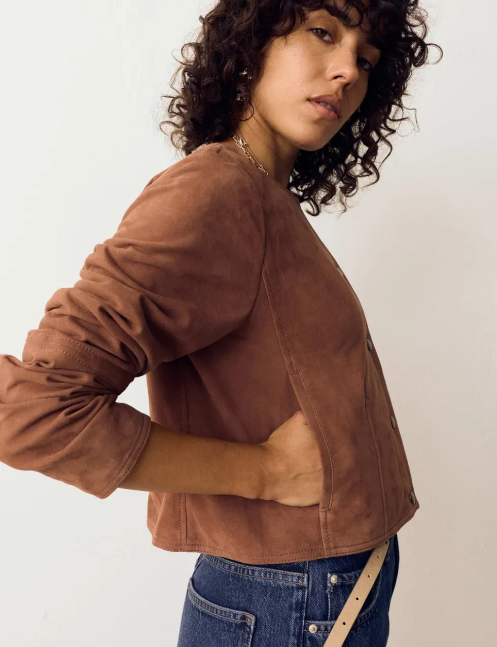 Suede Collarless Cropped Jacket