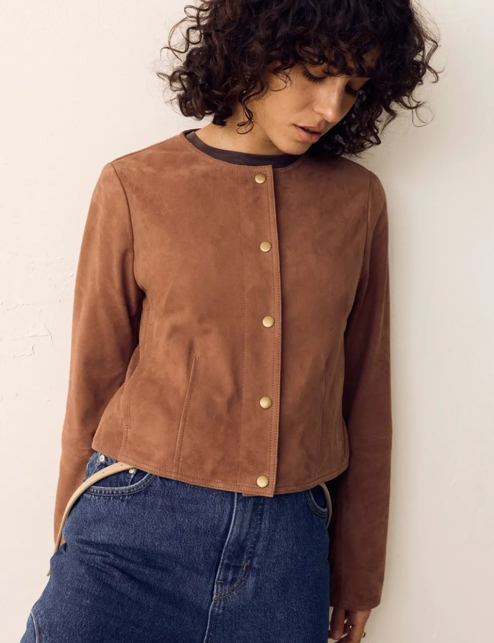 Suede Collarless Cropped Jacket