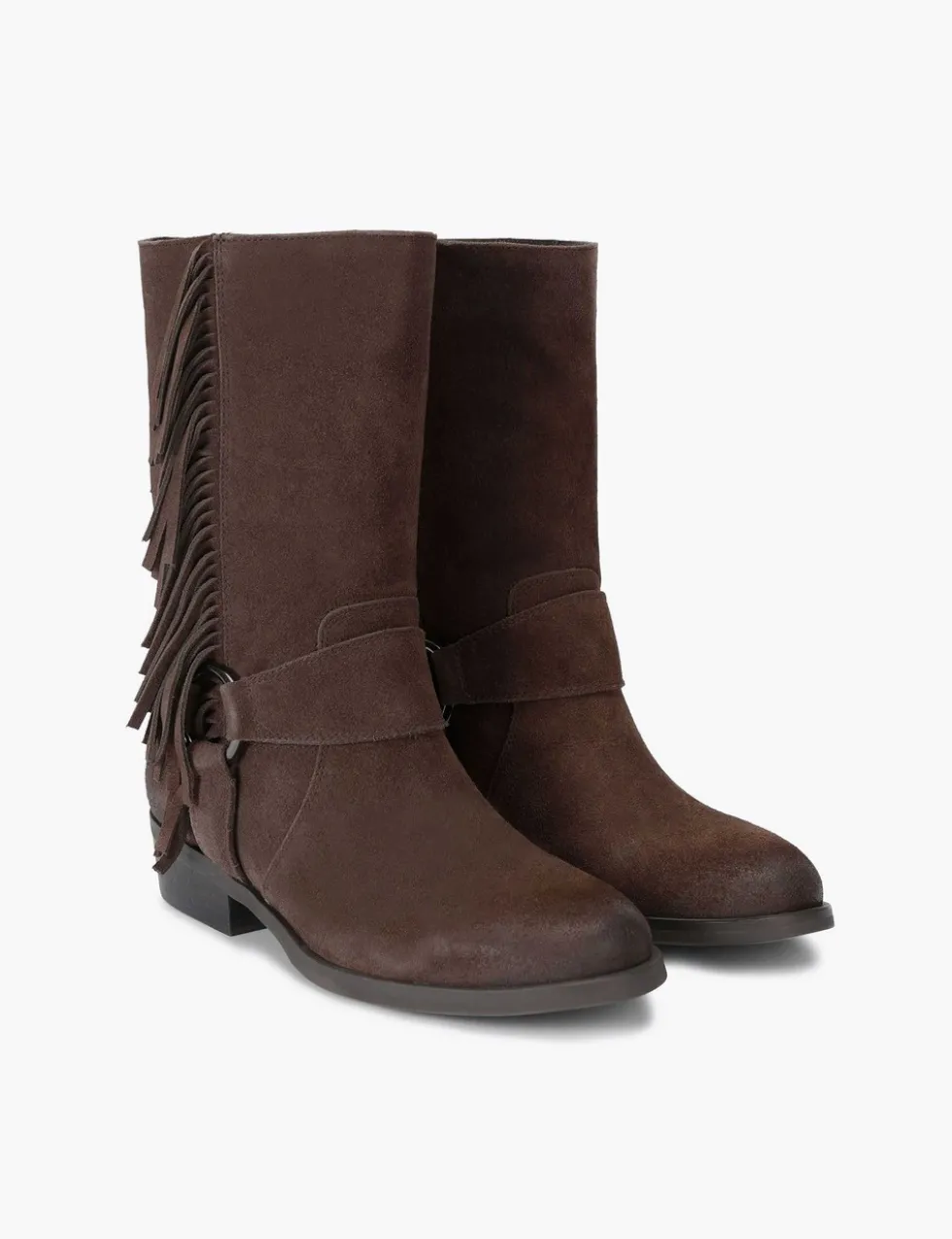 Suede Cowboy Fringe Detail Mid Calf Boots