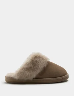 Suede Faux Fur Trim Mule Slippers