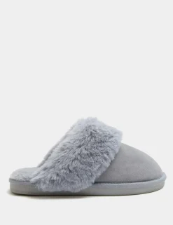 Suede Faux Fur Trim Mule Slippers