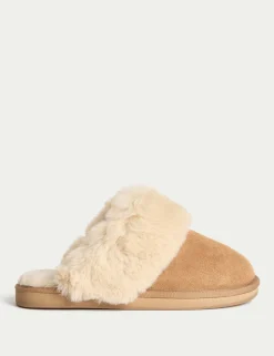 Suede Faux Fur Trim Mule Slippers