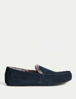 Suede Fleece Lined Moccasin Slippers