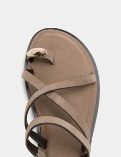 Suede Strappy Flat Toe Loop Sandals