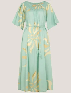 Sun Print Bardot Shirred Midi Dress