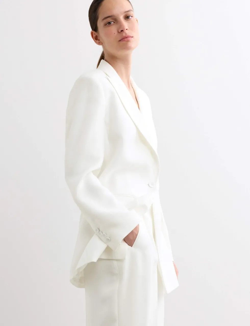 Tailored Basketweave Single Breasted Longline Jacket