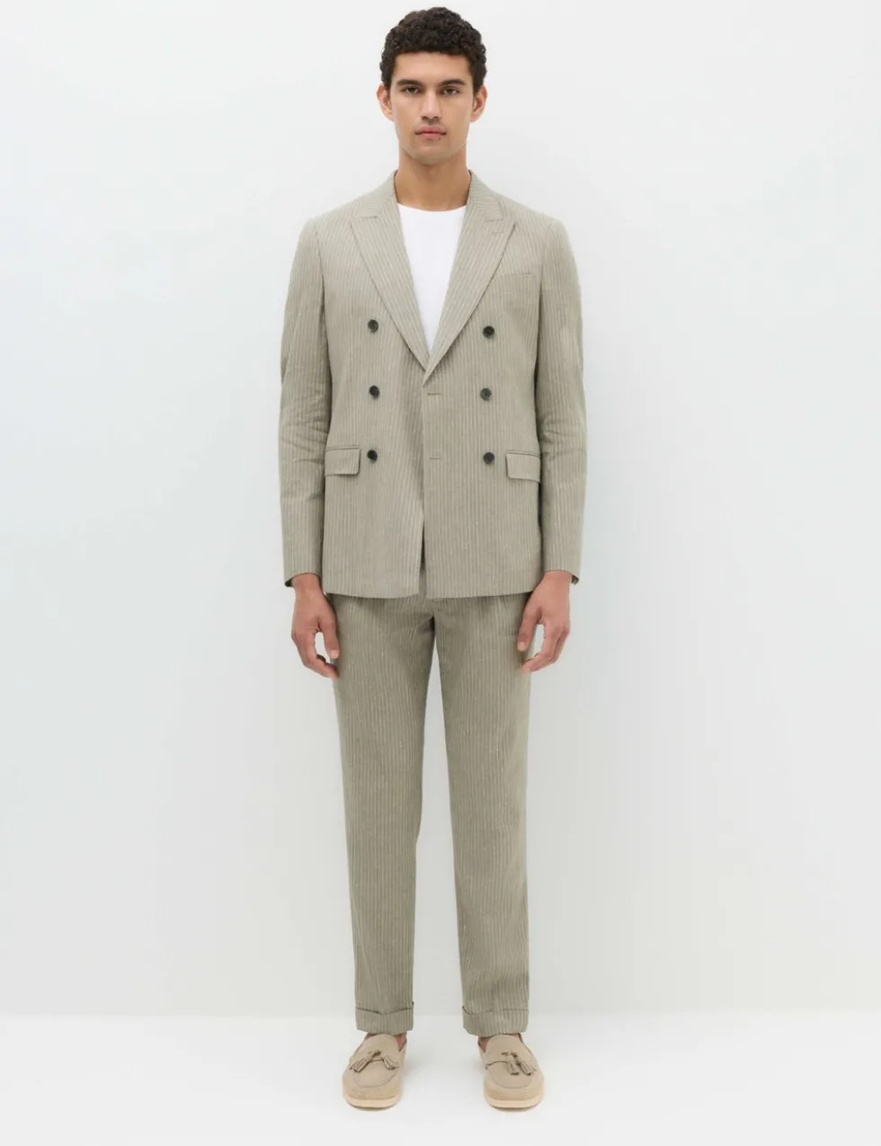 Tailored Fit Italian Performance Linen Blend Pinstripe Suit Jacket