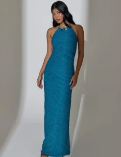 Textured Beaded Halter Neck Maxi Beach Dress