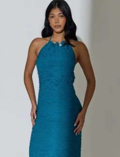 Textured Beaded Halter Neck Maxi Beach Dress
