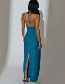 Textured Beaded Halter Neck Maxi Beach Dress
