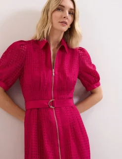 Textured Check Zip Up Midi Shirt Dress