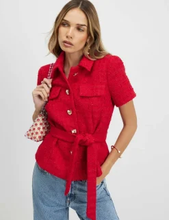 Textured Collared Belted Button Through Top
