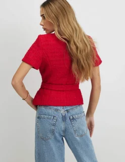 Textured Collared Belted Button Through Top