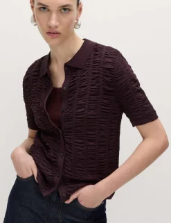 Textured Collared Fitted Cardigan