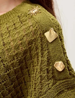 Textured Crew Neck Button Detail Jumper