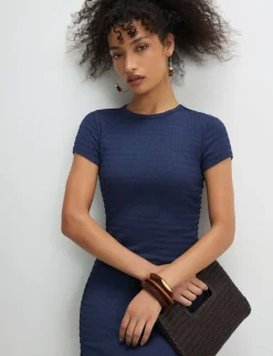 Textured Crew Neck Midi Bodycon Dress