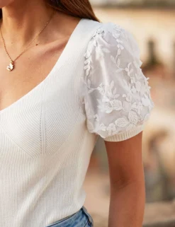 Textured Floral Appliqué Sweetheart Neck Puff Sleeve Top