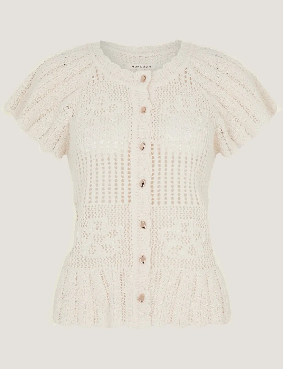 Textured Flower Scalloped Crew Neck Cardigan